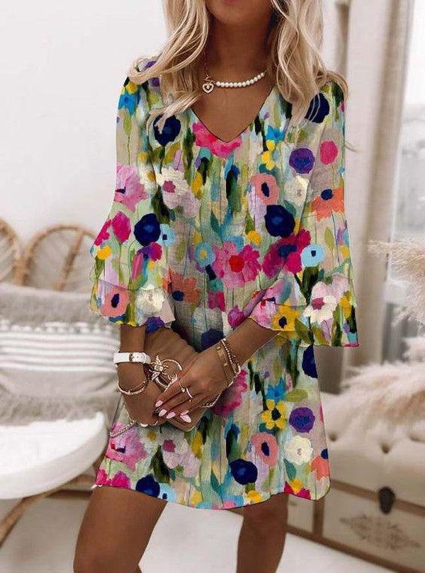 Women's V-Neck Mini Dress | Floral Print